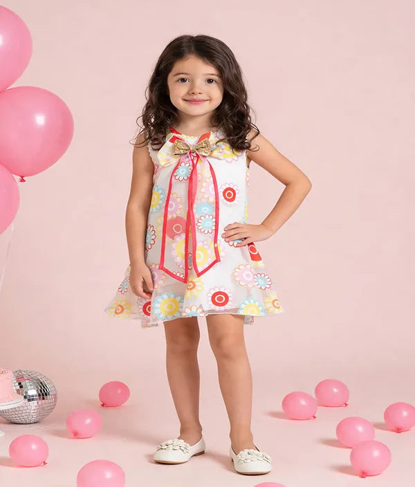 White Flower Printed Organza Dress