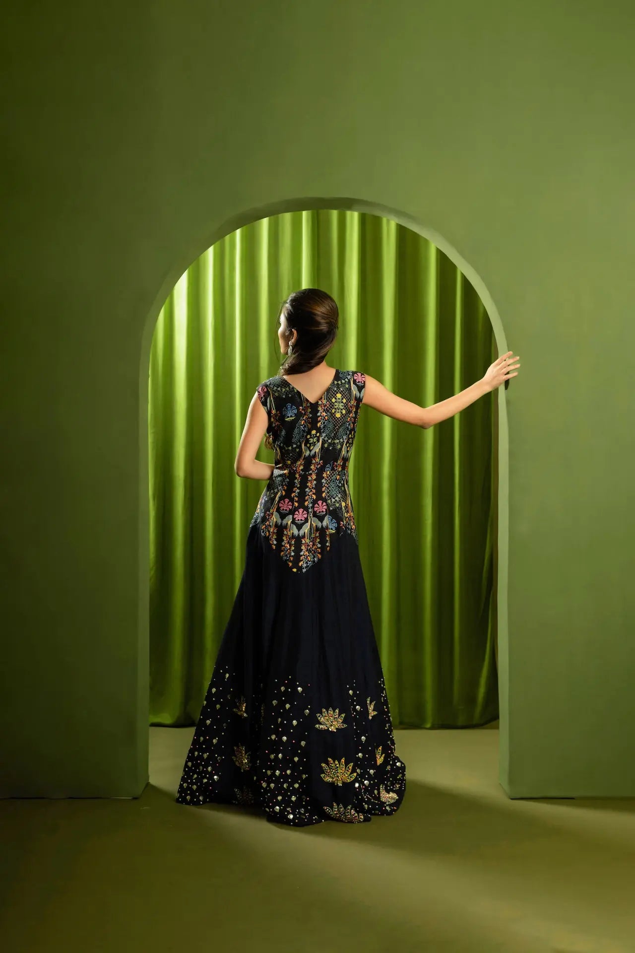 Printed Embroidered Cocktail Gown
