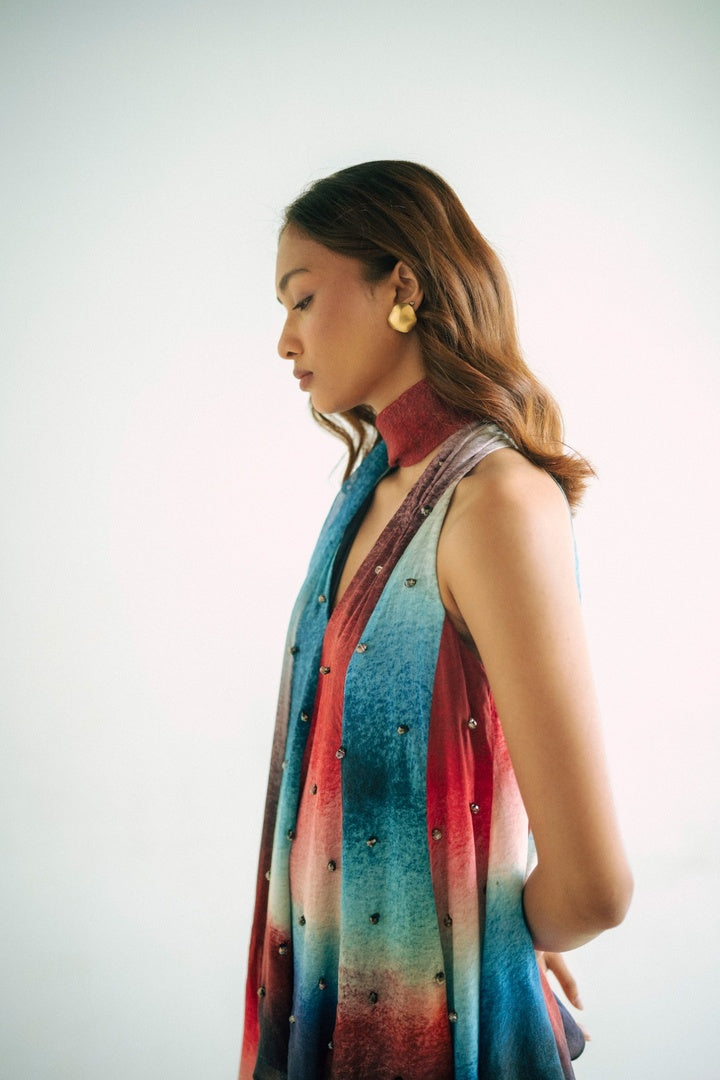 12 Kali Embroidered  Top with Scarf and  Pants Dark Shade