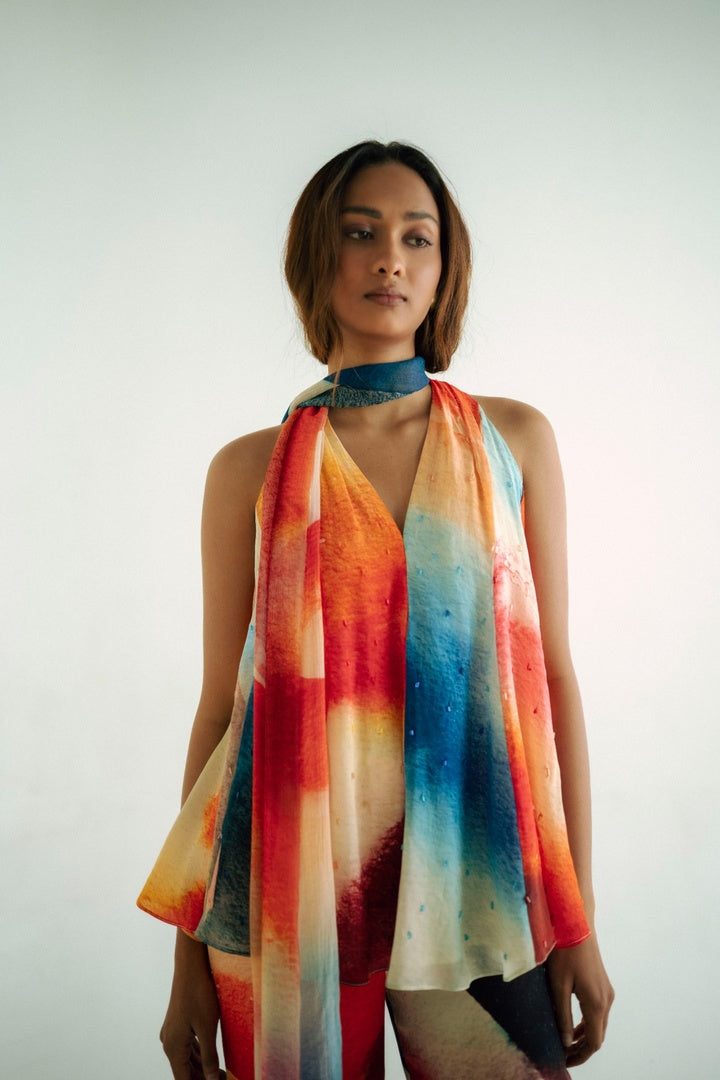 12 Kali Embroidered  Top with Scarf and  Pants Light Shade