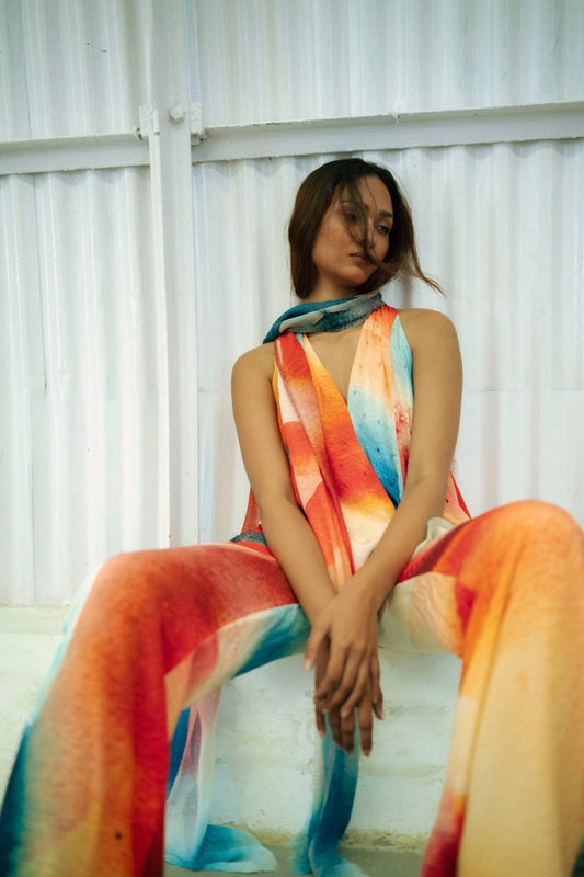 12 Kali Embroidered  Top with Scarf and  Pants Light Shade