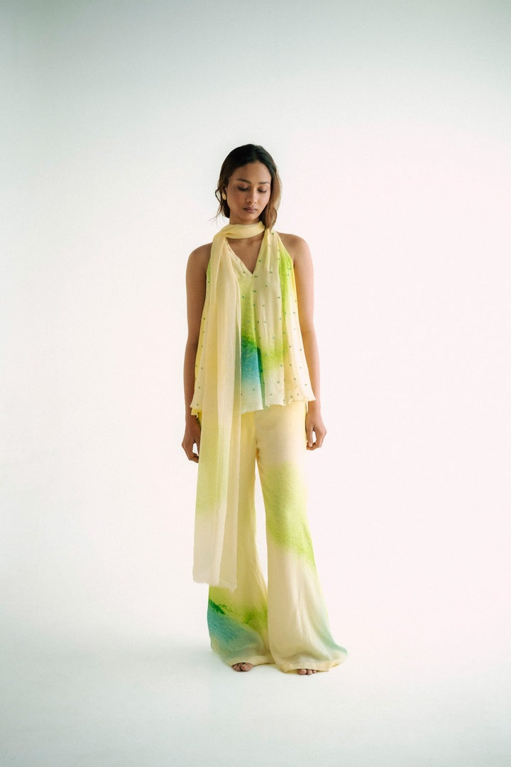 12 Kali Embroidered  Top with Scarf and  Pants Yellow Shade