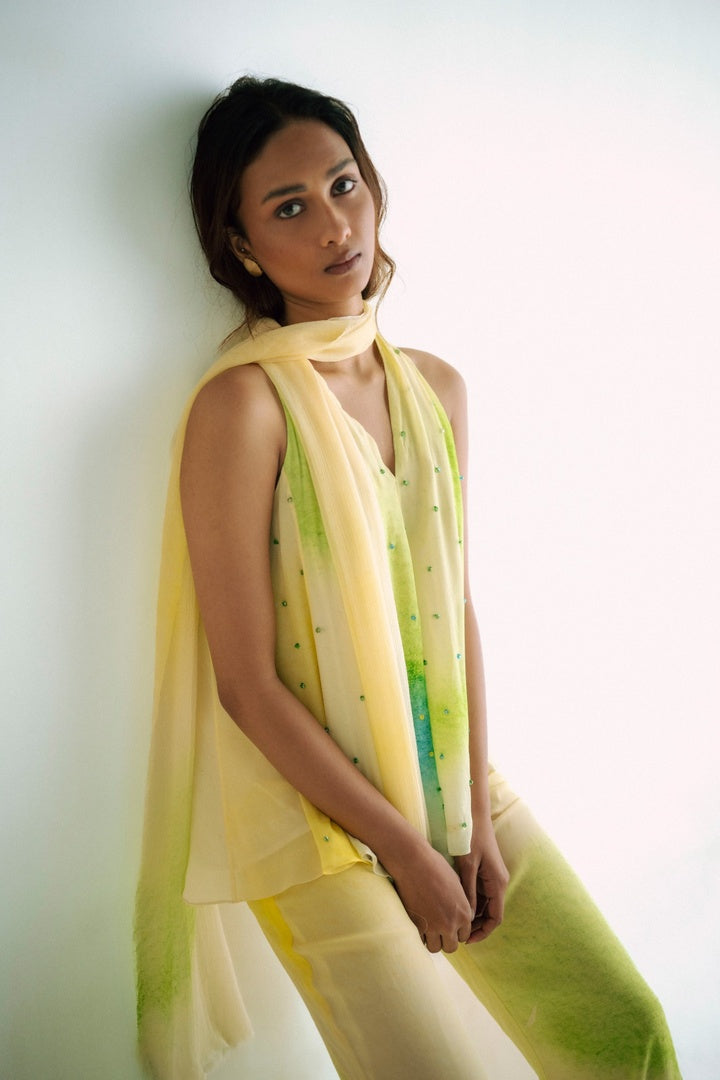 12 Kali Embroidered  Top with Scarf and  Pants Yellow Shade