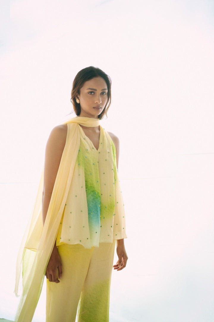 12 Kali Embroidered  Top with Scarf and  Pants Yellow Shade