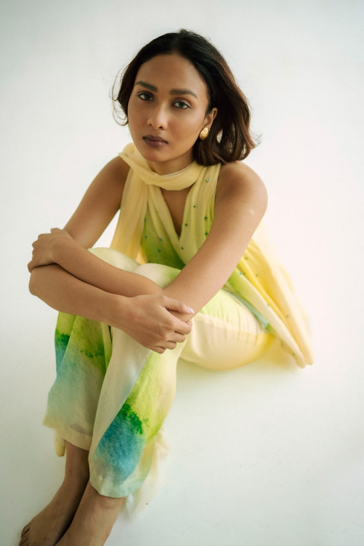 12 Kali Embroidered  Top with Scarf and  Pants Yellow Shade