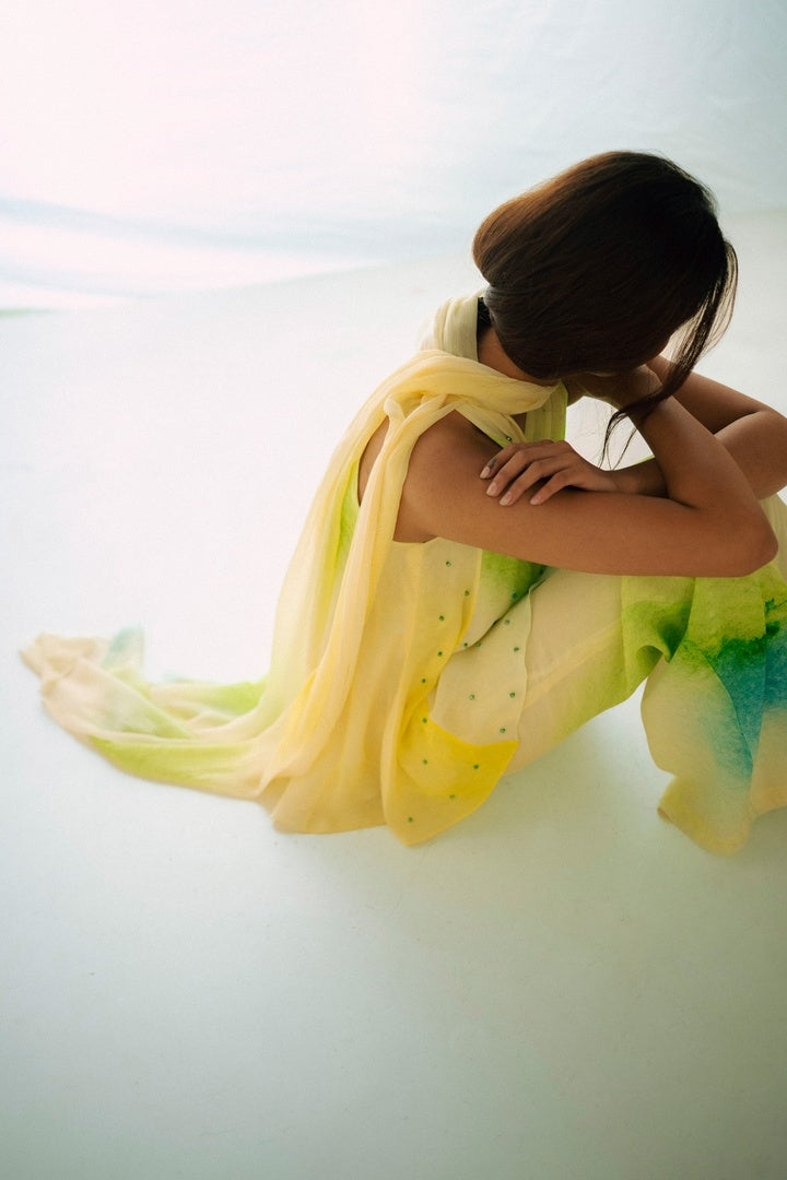 12 Kali Embroidered  Top with Scarf and  Pants Yellow Shade