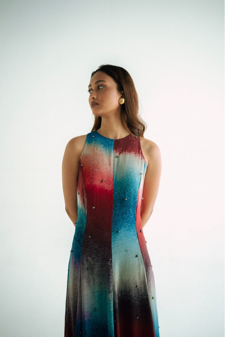 Sleeveless 8 Kali Dress with Embroidery and Print Dark Shade