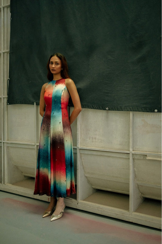 Sleeveless 8 Kali Dress with Embroidery and Print Dark Shade