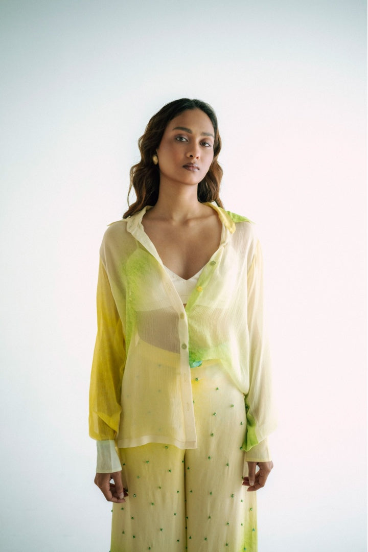 Chiffon Printed Shirt with Embroidered  Printed Pants Yellow Shade