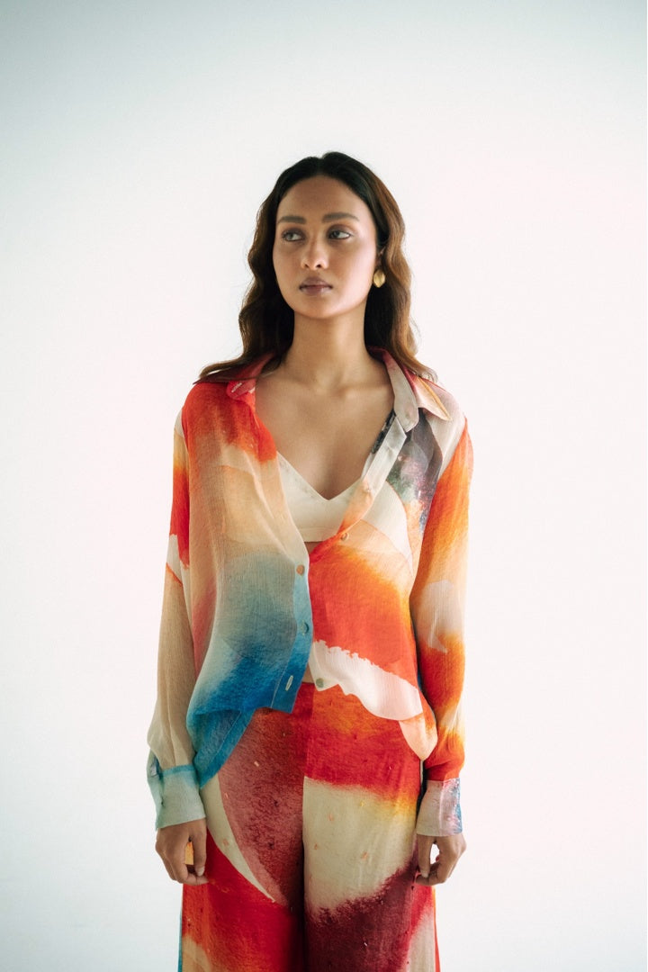 Chiffon Printed Shirt with Embroidered  Printed Pants Light Shade
