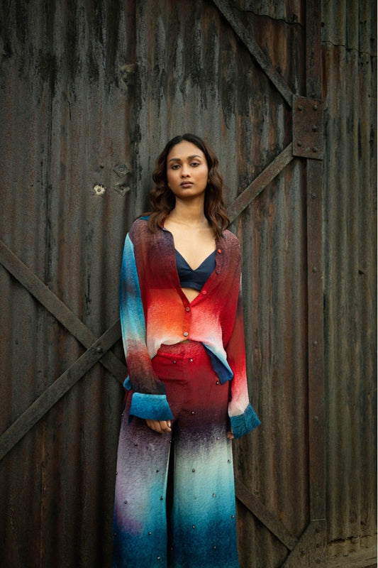 Chiffon Printed Shirt with Embroidered  Printed Pants Dark Shade