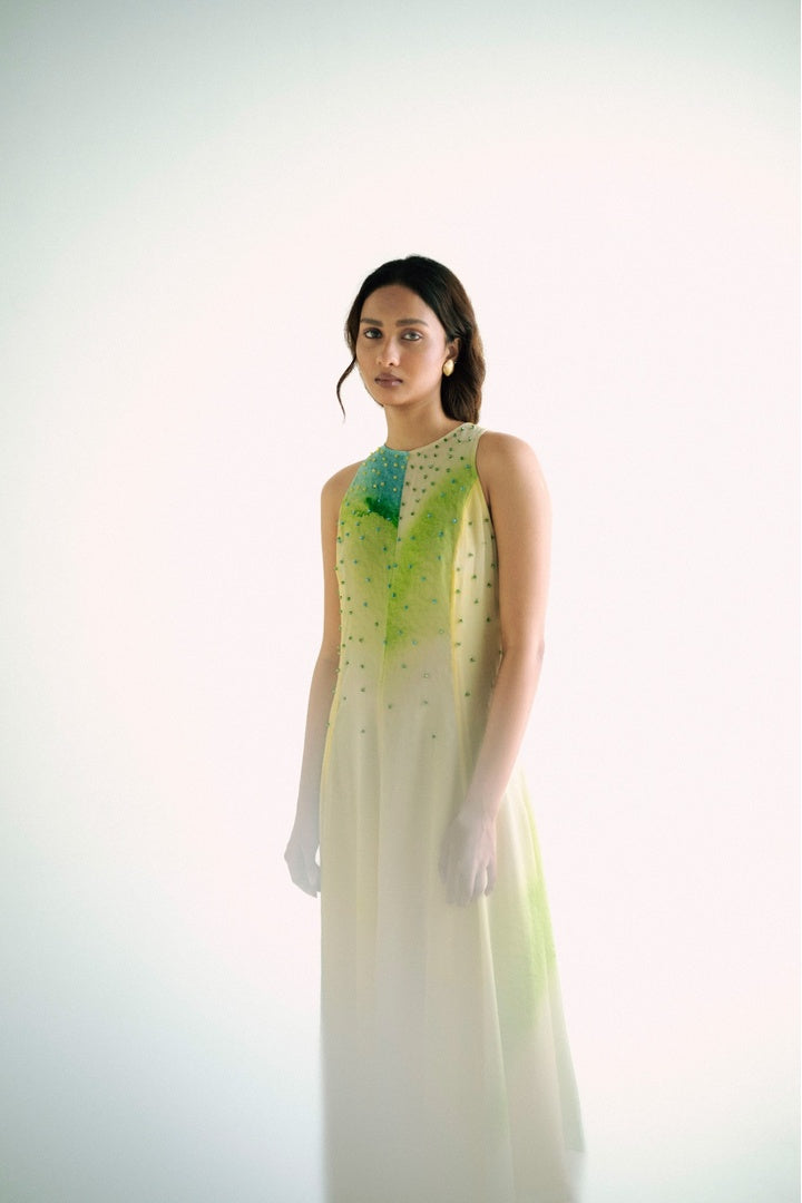 Sleeveless 8 Kali Dress with Embroidery and Print Yellow Shade