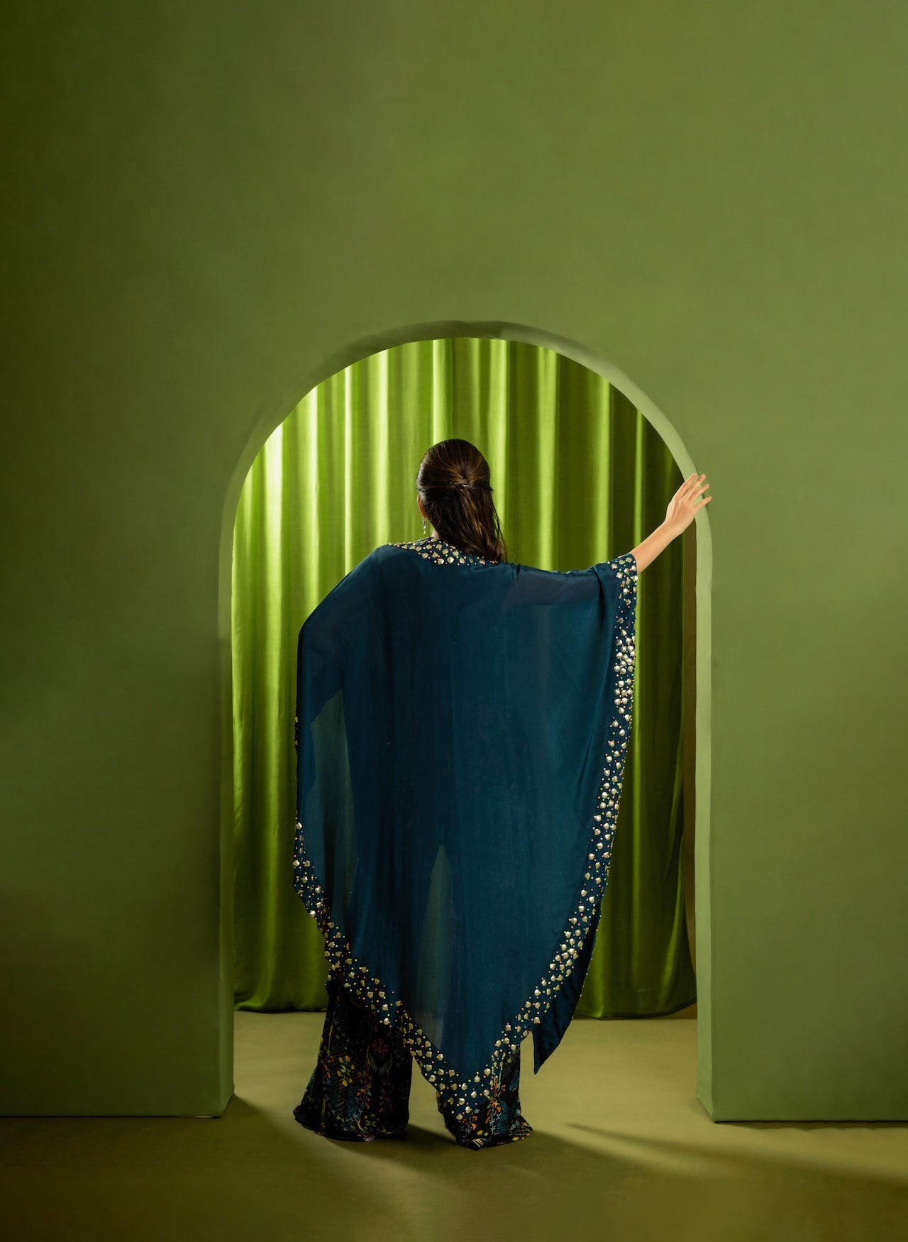 Printed Jumpsuit With Embroidered Cape