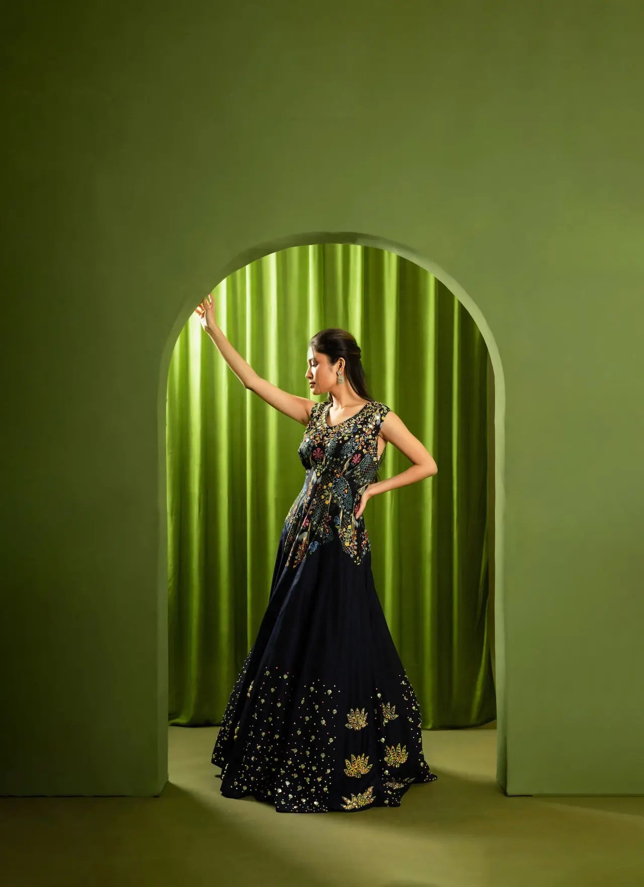 Printed Embroidered Cocktail Gown