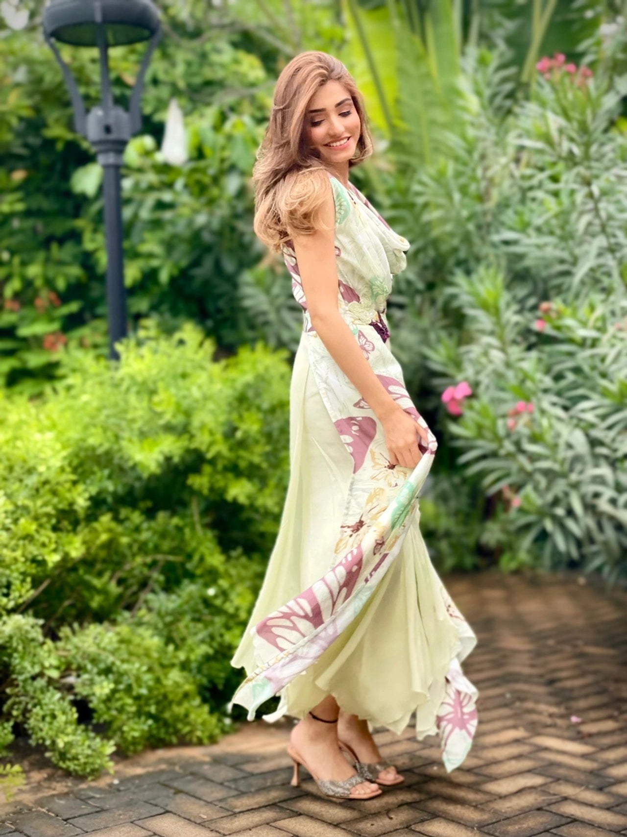 Butterfly Printed Asymmetric Cowl Dress