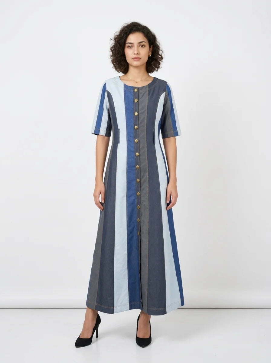 Denim Stripe Patchwork Maxi Dress