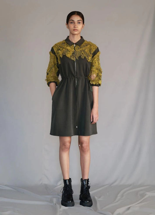 Yellow Map Embroidery Short Dress