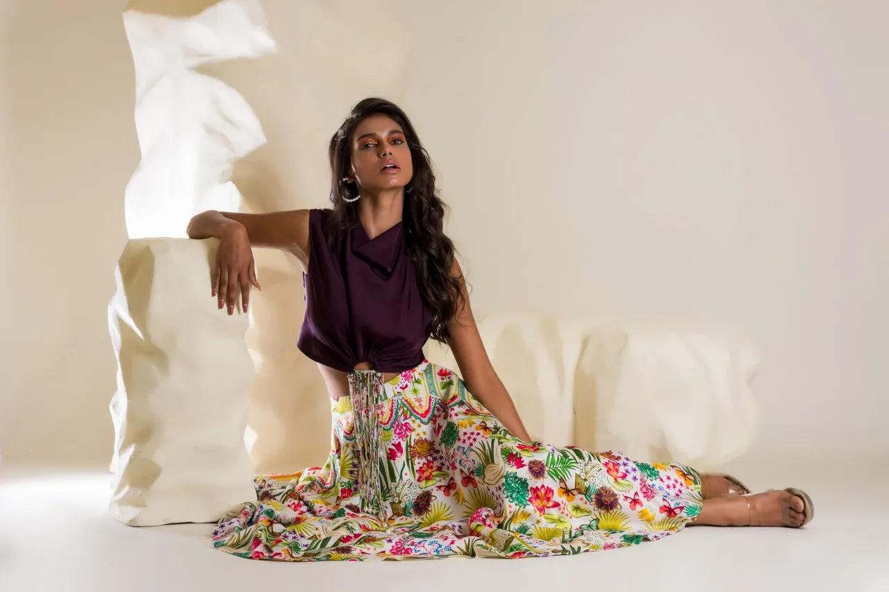 Printed Midi Skirt With Draped Top